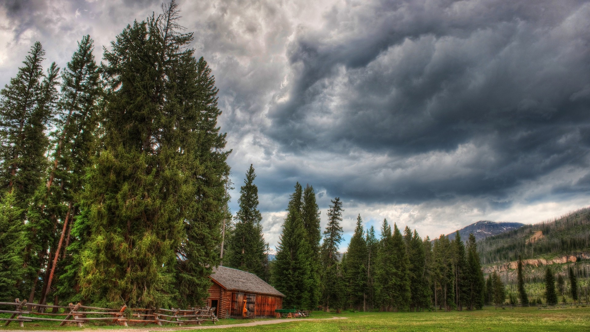 nature, HDR, Trees, Clouds, Cabin Wallpaper
