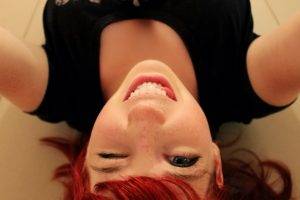 redhead, Lying Down, Dyed Hair, Freckles, Blue Eyes, Tongues, Black Clothing, Women, Winking, Selfies