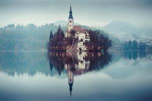 lake, Church, Mist, Reflection
