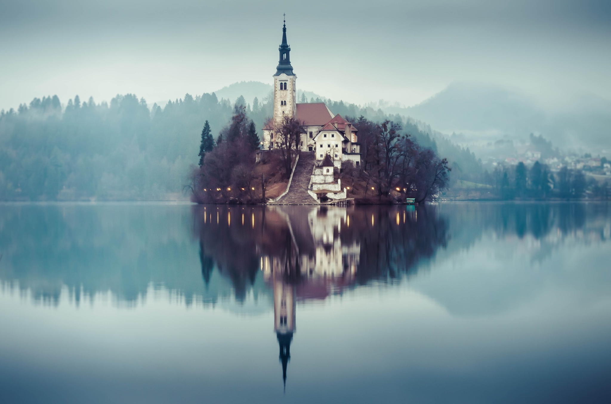 lake, Church, Mist, Reflection Wallpaper