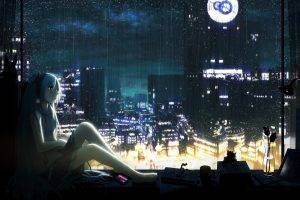 women, Hatsune Miku, City, Music, Rain