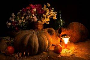 pumpkin, Candles, Flowers, Apples