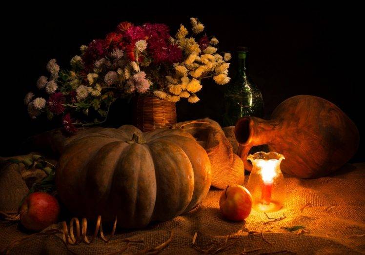 pumpkin, Candles, Flowers, Apples HD Wallpaper Desktop Background