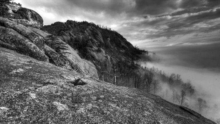 rock, Hill, Mist, Monochrome, Nature, Clouds HD Wallpaper Desktop Background