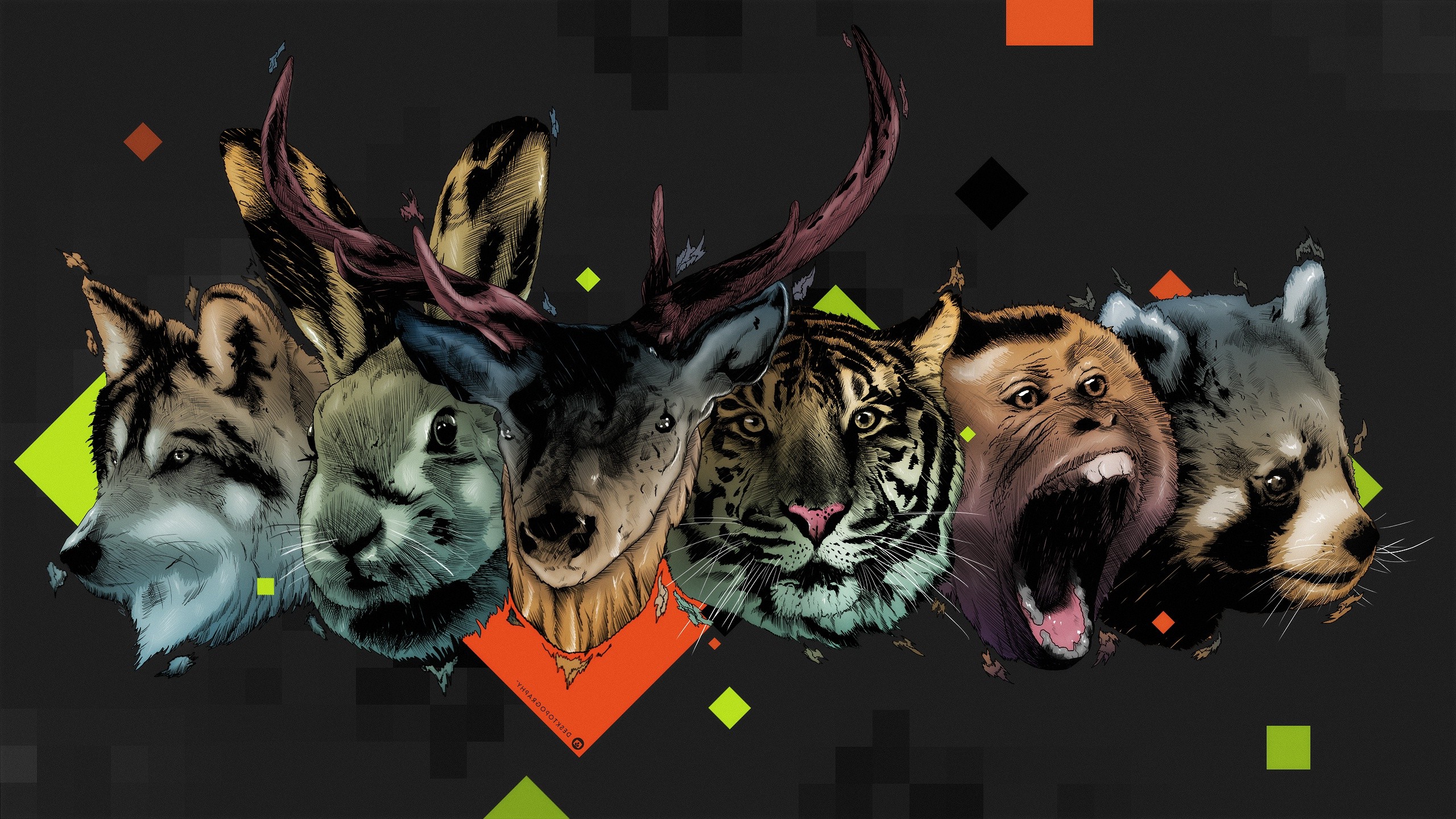 Desktopography, Tiger, Rabbits, Monkeys, Wolf, Deer, Digital Art Wallpaper