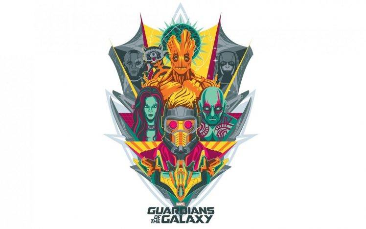Guardians Of The Galaxy, Star Lord, Gamora, Rocket Raccoon, Groot, Drax The Destroyer, Simple Background, Artwork HD Wallpaper Desktop Background