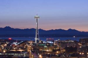 Seattle, Space Needle, Pacific Northwest, USA, Washington State, City, Sunset, Lights, Evening