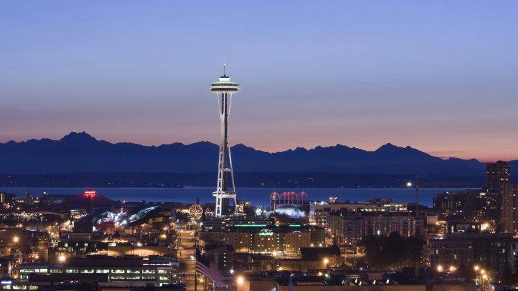 Seattle, Space Needle, Pacific Northwest, USA, Washington State, City, Sunset, Lights, Evening HD Wallpaper Desktop Background
