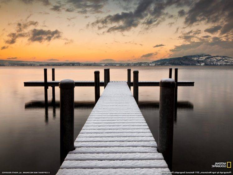 National Geographic, Pier, Snow, Lake, Switzerland HD Wallpaper Desktop Background