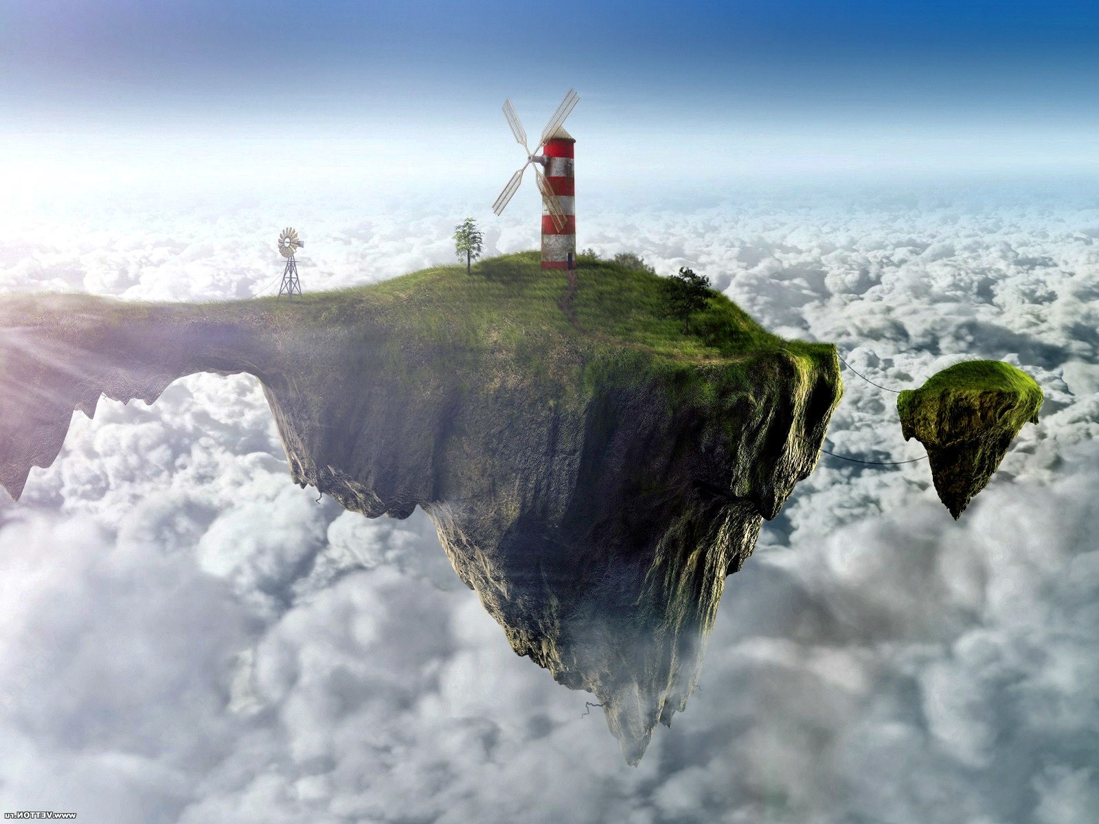 windmills, Island, Clouds, Digital Art Wallpaper