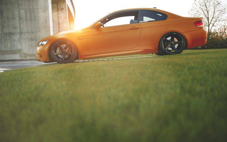 car, Orange, Grass, Blurred, Sunset, BMW, BMW E92 HD Wallpaper Desktop Background