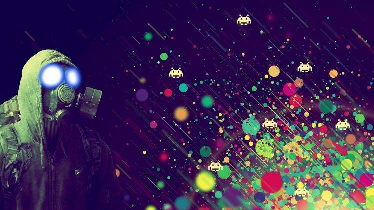 artwork, Humor, Video Games, Space Invaders, Gas Masks HD Wallpaper Desktop Background