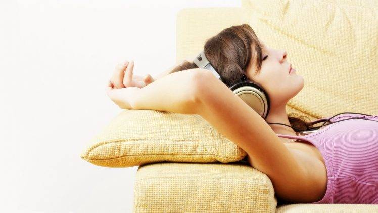 couch, White, Anime, Music, Headphones, Women, Closed Eyes, Philips, SHP 2500 HD Wallpaper Desktop Background
