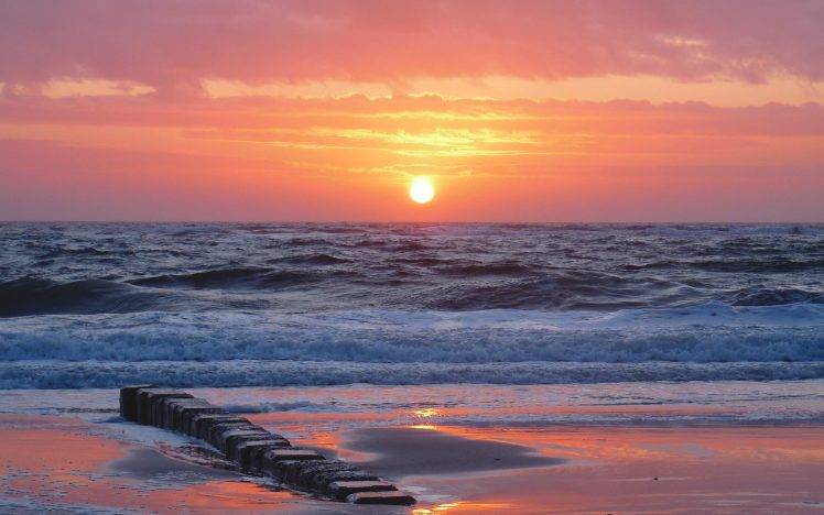landscape, Nature, Sunset, Sea, Waves, Beach, Water, Coast HD Wallpaper Desktop Background