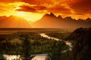 landscape, Nature, Orange, Sunset, Sun Rays, River, Pine Trees, Trees, Forest, Mountain