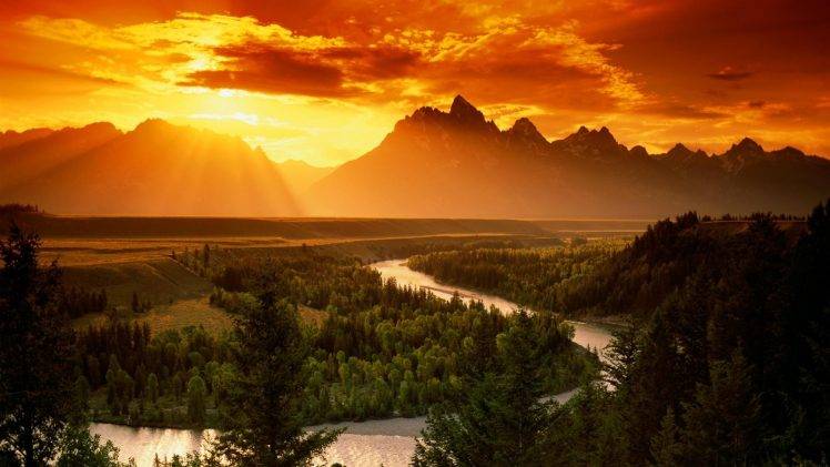 landscape, Nature, Orange, Sunset, Sun Rays, River, Pine Trees, Trees, Forest, Mountain HD Wallpaper Desktop Background