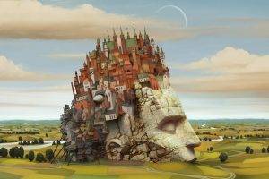 artwork, Surreal, Castle, Statue, Field, Landscape, House, River, Anime, Digital Art, City, Fantasy Art, Jacek Yerka