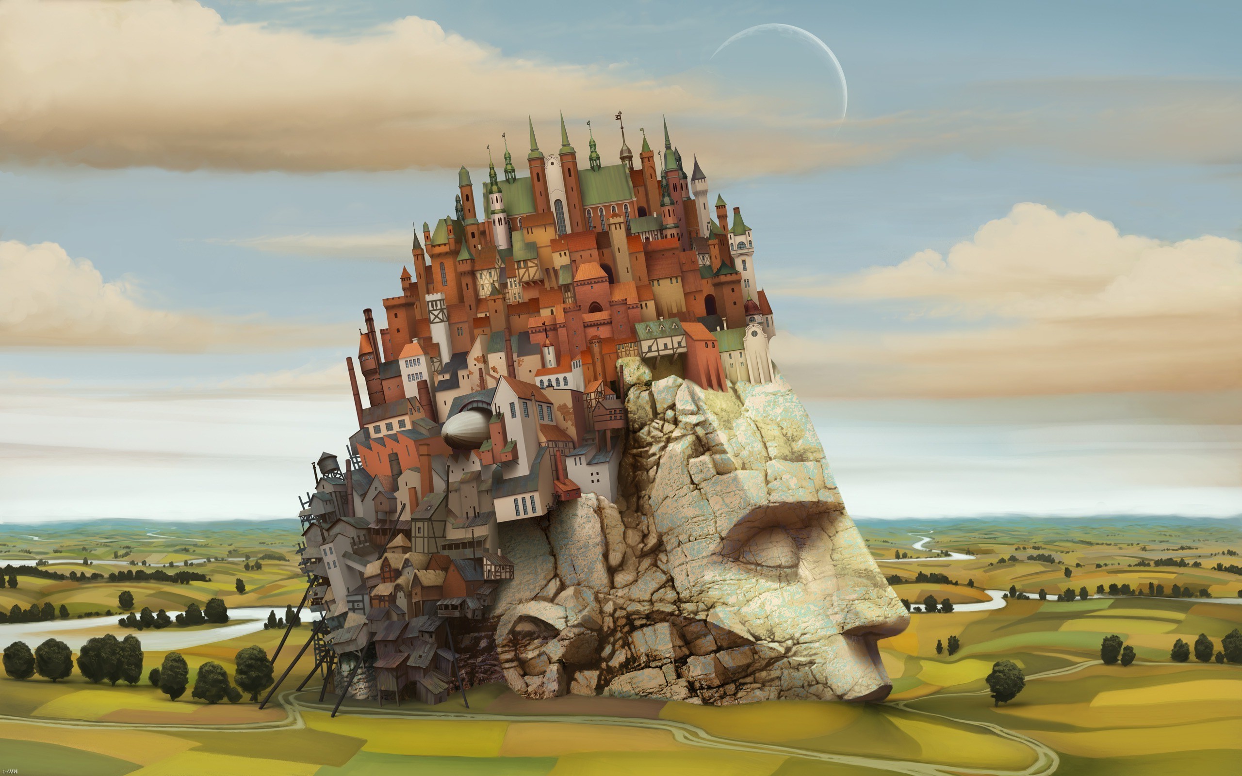 artwork, Surreal, Castle, Statue, Field, Landscape, House, River, Anime, Digital Art, City, Fantasy Art, Jacek Yerka Wallpaper