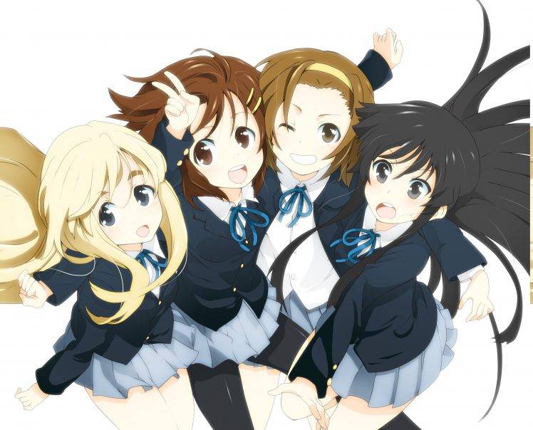 K ON!, Anime Girls, Akiyama Mio, Tainaka Ritsu, Kotobuki Tsumugi, Hirasawa Yui, School Uniform, Skirt, Ribbon HD Wallpaper Desktop Background
