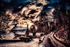 HDR, Road, Clouds, Trees, Nature, Snow, Sky, House, Chimneys