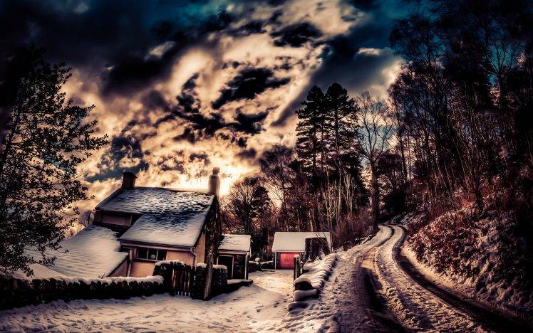 HDR, Road, Clouds, Trees, Nature, Snow, Sky, House, Chimneys HD Wallpaper Desktop Background