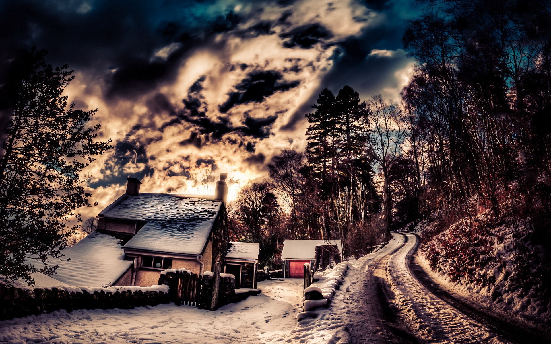 HDR, Road, Clouds, Trees, Nature, Snow, Sky, House, Chimneys Wallpaper