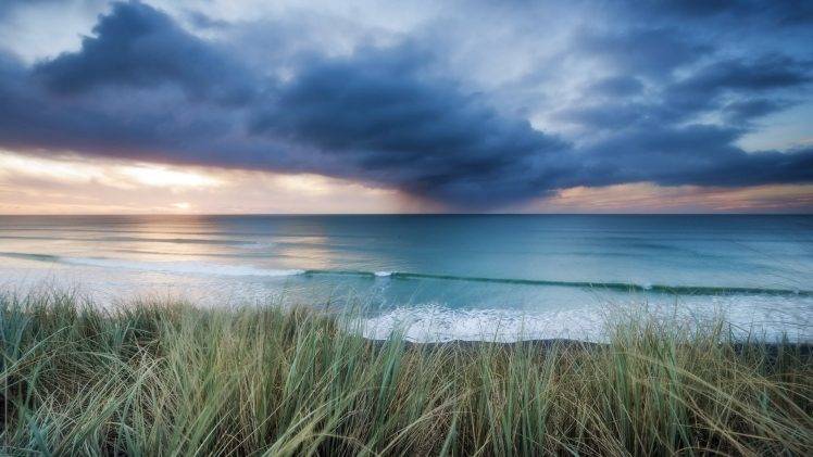 sea, Nature, Grass, Waves, Clouds HD Wallpaper Desktop Background