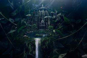 Justin Maller, Waterfall, Leaves, Parrot, Digital Art, Temple