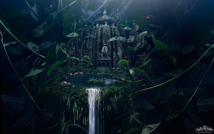 Justin Maller, Waterfall, Leaves, Parrot, Digital Art, Temple HD Wallpaper Desktop Background