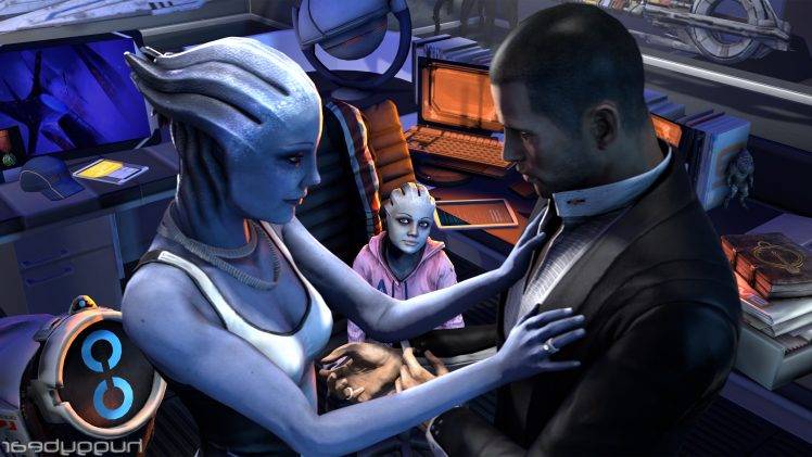 Mass Effect, Asari, Liara TSoni, Huggybear, John Shepard HD Wallpaper Desktop Background