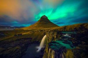 Iceland, Aurorae, Mountain, Landscape, Waterfall, Rock, Kirkjufell