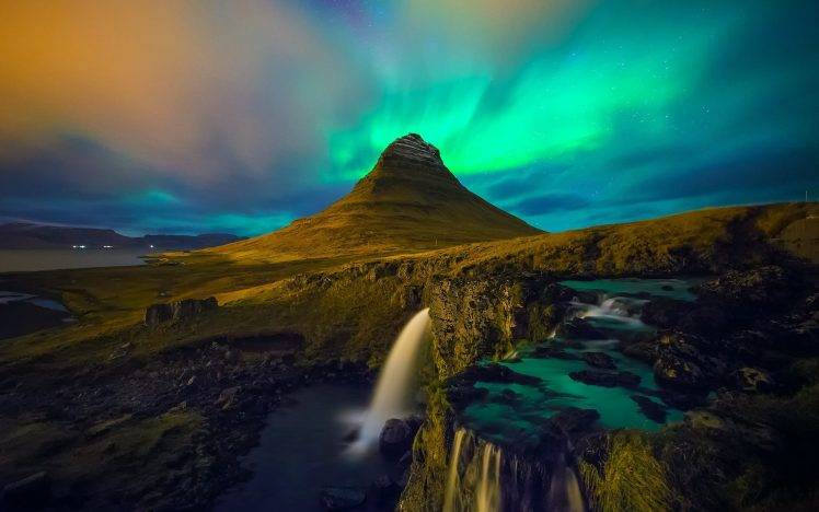 Iceland, Aurorae, Mountain, Landscape, Waterfall, Rock, Kirkjufell HD Wallpaper Desktop Background