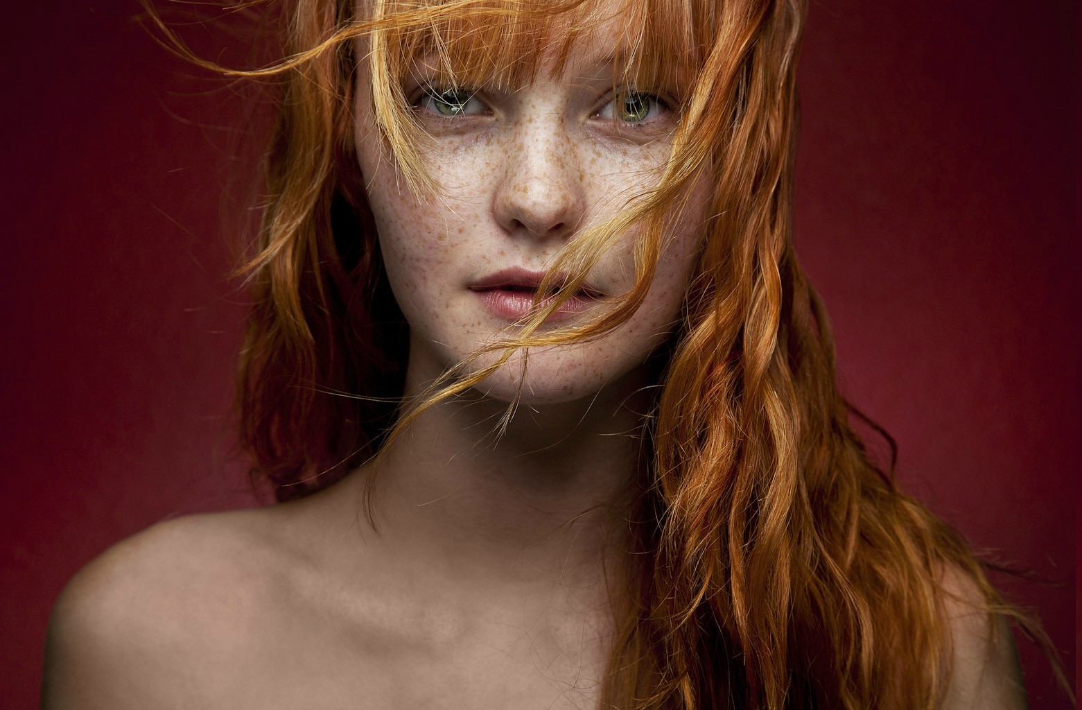 women, Redhead, Freckles, Green Eyes, Hair In Face, Portrait, Kacy Anne Hill Wallpaper