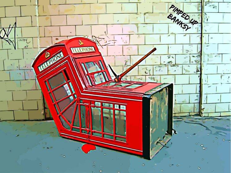 digital Art, Banksy, Graffiti, London, Phone Box, Humor HD Wallpaper Desktop Background