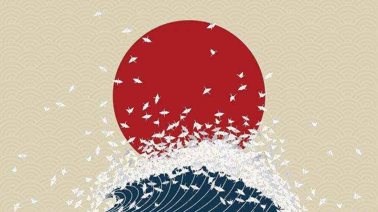 minimalism, Nippon, Origami, Digital Art, Waves, Japan, Birds, Nihon HD Wallpaper Desktop Background