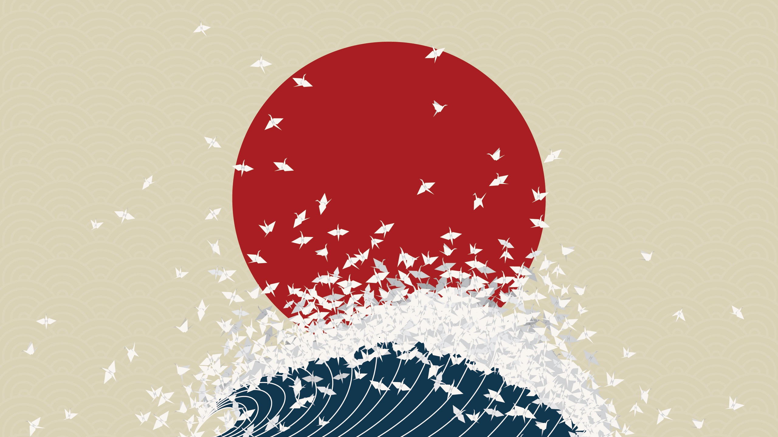 minimalism, Nippon, Origami, Digital Art, Waves, Japan, Birds, Nihon Wallpaper
