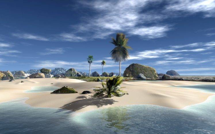digital Art, Beach, Palm Trees, Stones HD Wallpaper Desktop Background