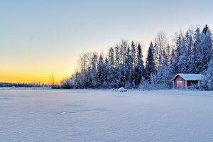 winter, Sunset, Frost, Lake