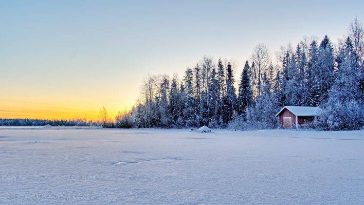 winter, Sunset, Frost, Lake HD Wallpaper Desktop Background