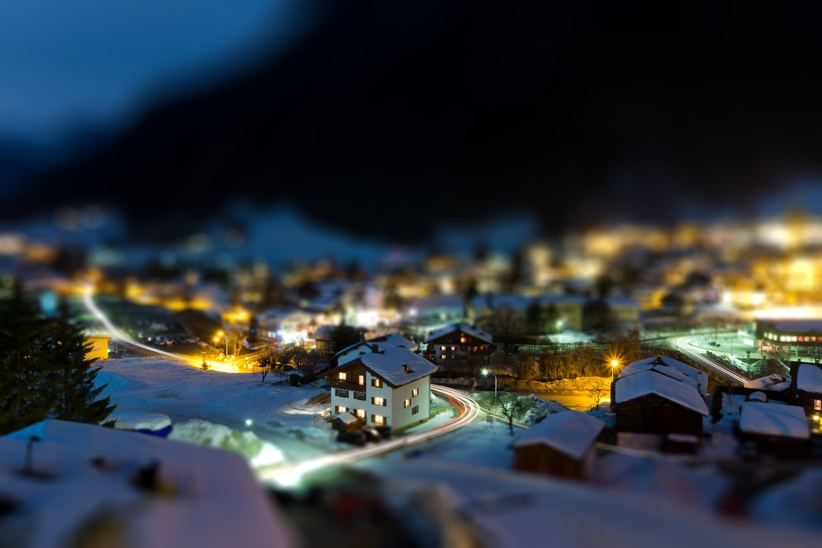architecture, House, Tilt Shift, Town, Trees, Nature, Winter, Snow, Night, Lights, Road, Street, Mountain, Rooftops, Long Exposure, Light Trails Wallpaper