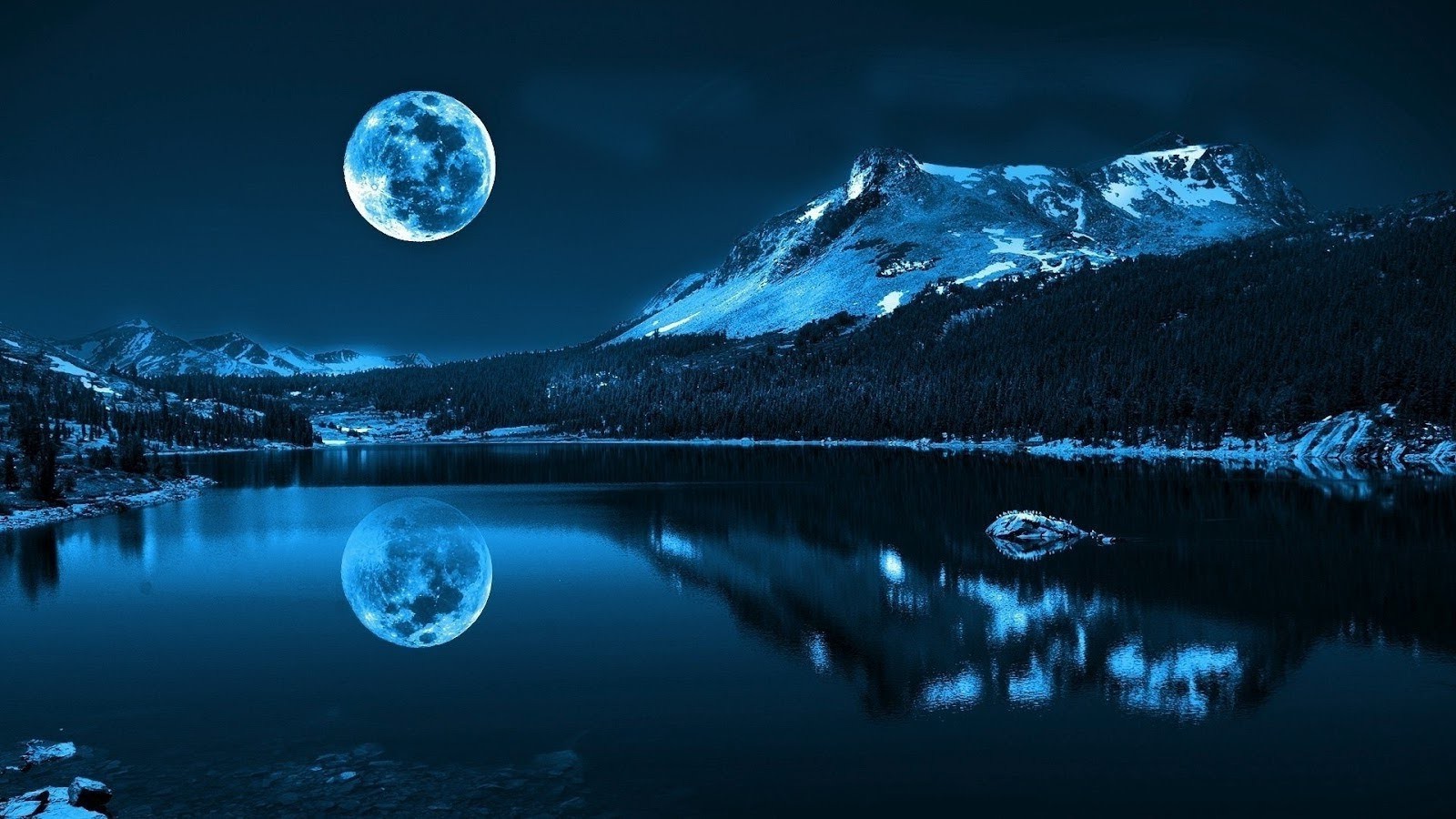 blue, Lake, Reflection, Moon, Mountain, Calm Wallpaper
