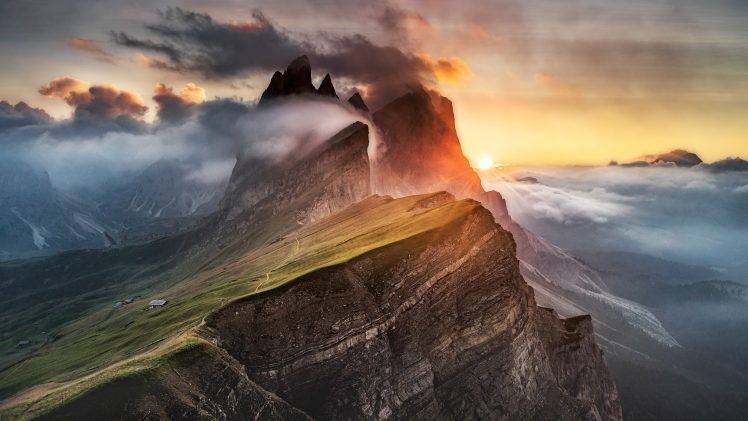 mountain, Clouds, Sun Rays, Nature, Red Sun HD Wallpaper Desktop Background