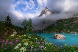 Dolomites (mountains), Italy, Spring, Mist, Lake, Wildflowers, Clouds, Turquoise, Water, Trees, Grass, Sunset, Sky