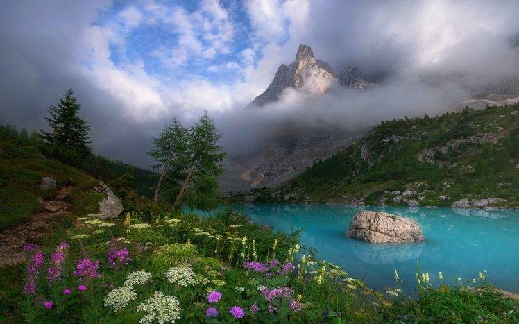Dolomites (mountains), Italy, Spring, Mist, Lake, Wildflowers, Clouds, Turquoise, Water, Trees, Grass, Sunset, Sky HD Wallpaper Desktop Background