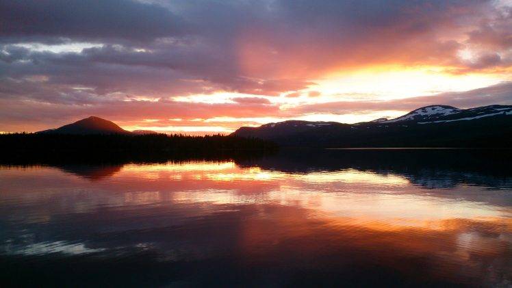 Sweden, Reflection, Water, Nature, Sunset, Mountain, Warm Colors HD Wallpaper Desktop Background