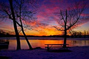 winter, Snow, Lake, Trees, Table, Sun Rays