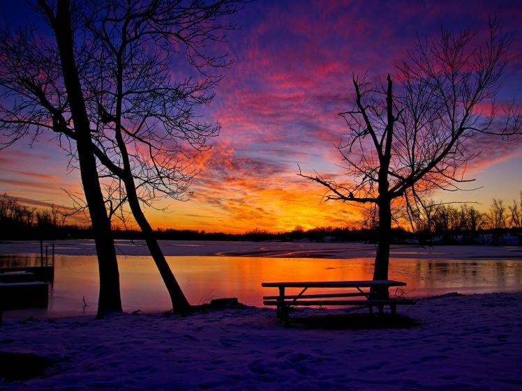 winter, Snow, Lake, Trees, Table, Sun Rays HD Wallpaper Desktop Background