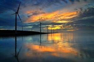 sunset, Nature, Reflection, Wind Turbine