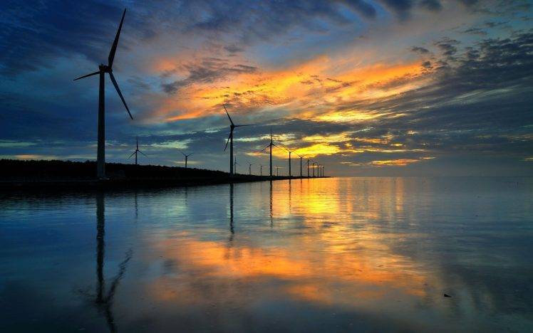 sunset, Nature, Reflection, Wind Turbine HD Wallpaper Desktop Background