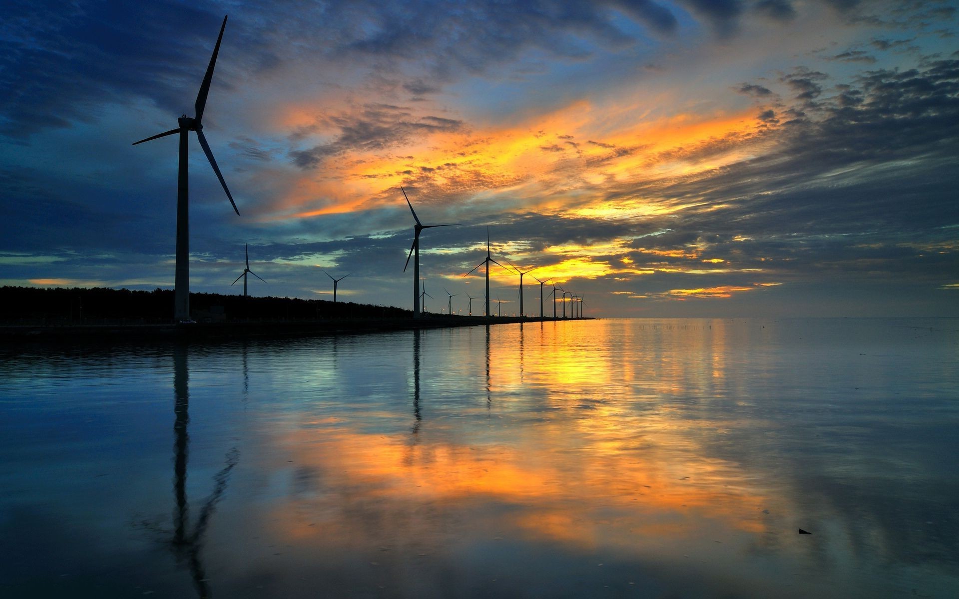 sunset, Nature, Reflection, Wind Turbine Wallpaper